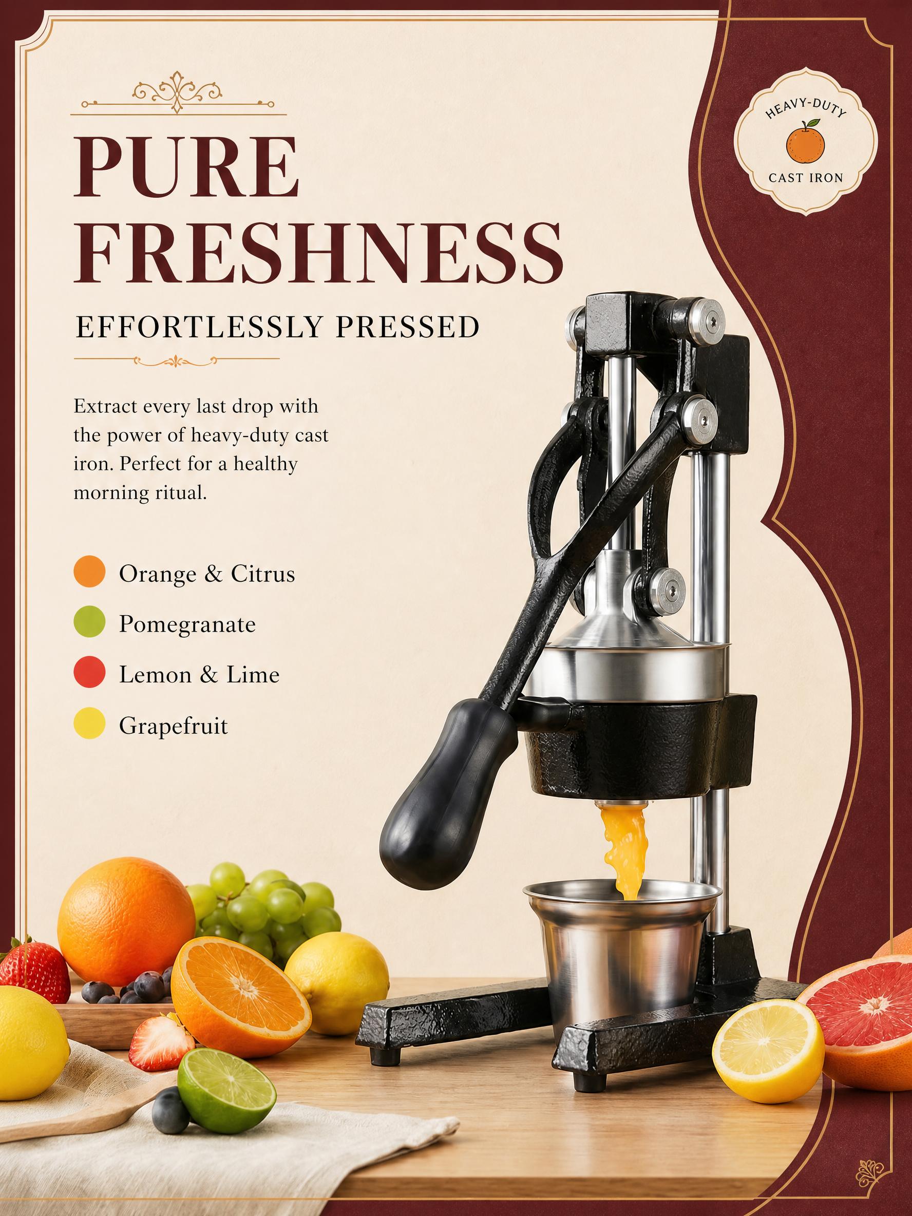 Citrus Juicer Bar - 手動ジューサー、手動柑橘類ジューサープレス、400mlカップ付き頑丈な鋳鉄製オレンジ・ザクロスクイーザー、家庭用キッチンバー向け手動ジュース抽出器