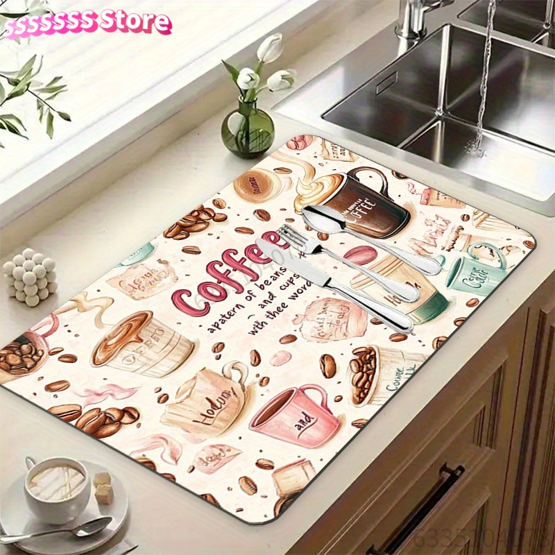 Bar Mat Rubber - コーヒーカップ柄吸水マット - コーヒーコーナー乾燥マット、バーカウンター、コーヒーマシン、グラインダー、Pに適したカップ乾燥マット
