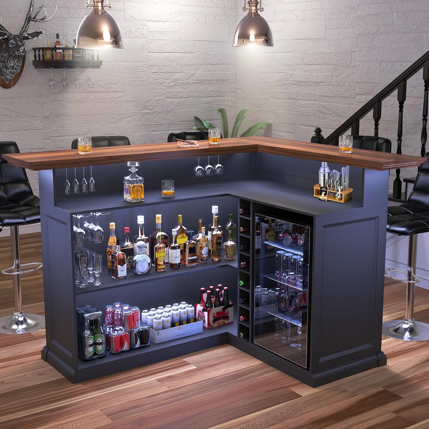 L字型ホームバーキャビネット（冷蔵庫スペース付き）、大型地下 - Home Bar Lounge のレビューと価格